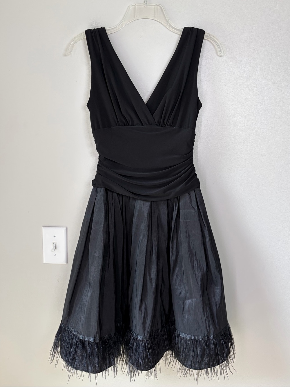S.L. Fashions Black Taffeta Fit & Flare Feather Trim V-Neck Mixed Media Dress